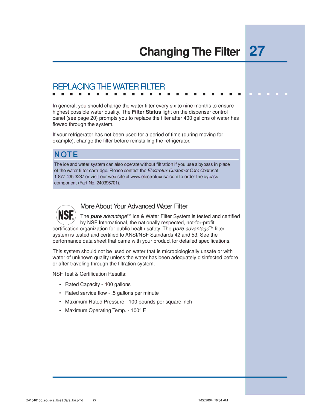 Frigidaire 241540100 (1203) manual Replacing the Water Filter, More About Your Advanced Water Filter 