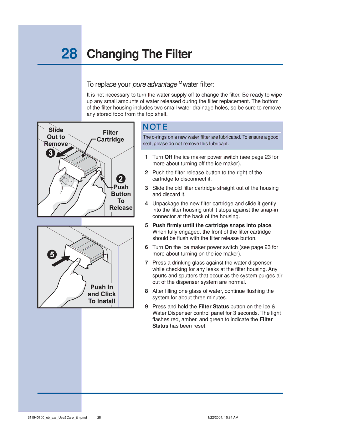 Frigidaire 241540100 (1203) manual To replace your pure advantageTM water filter 