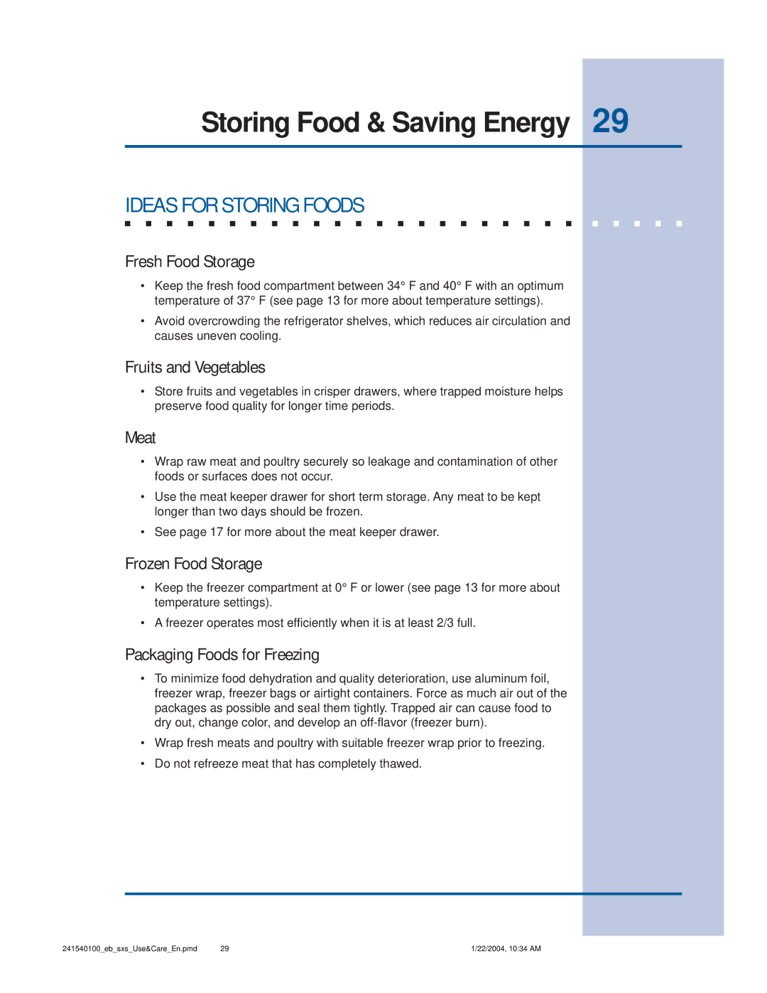 Frigidaire 241540100 (1203) manual Storing Food & Saving Energy, Ideas for Storing Foods 