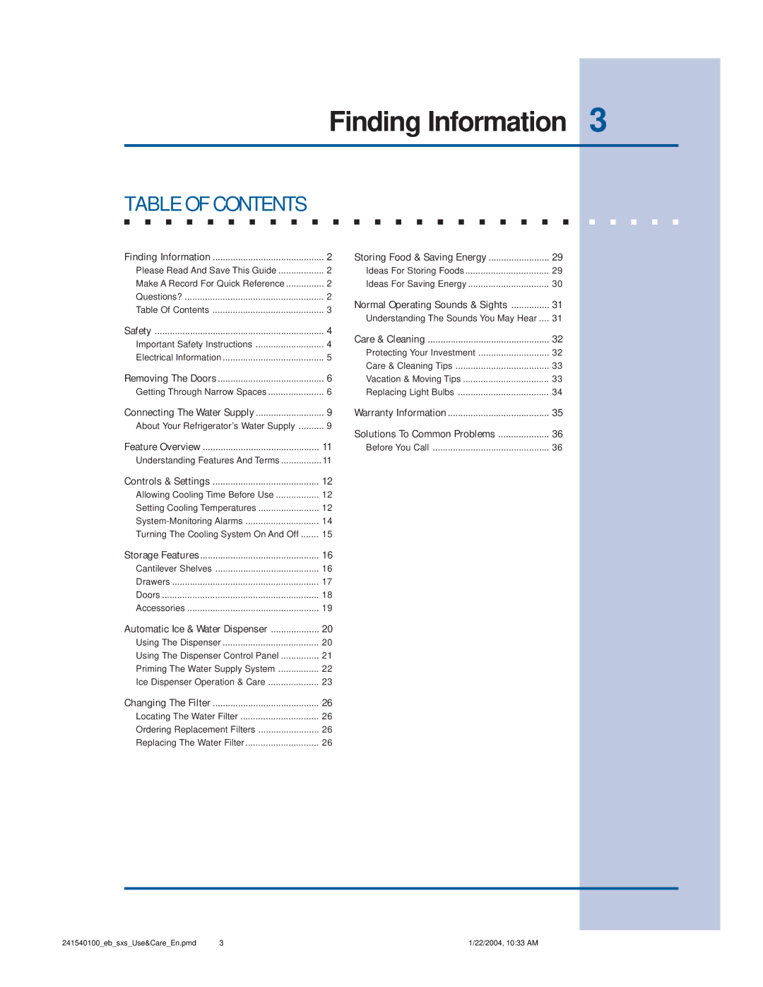 Frigidaire 241540100 (1203) manual Table of Contents 