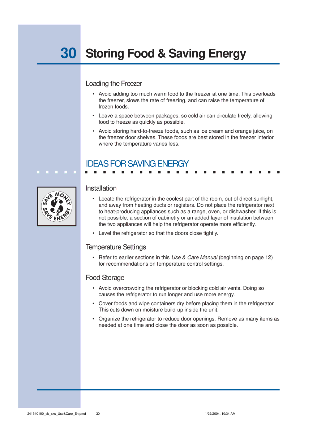 Frigidaire 241540100 (1203) Ideas for Saving Energy, Loading the Freezer, Installation, Temperature Settings, Food Storage 