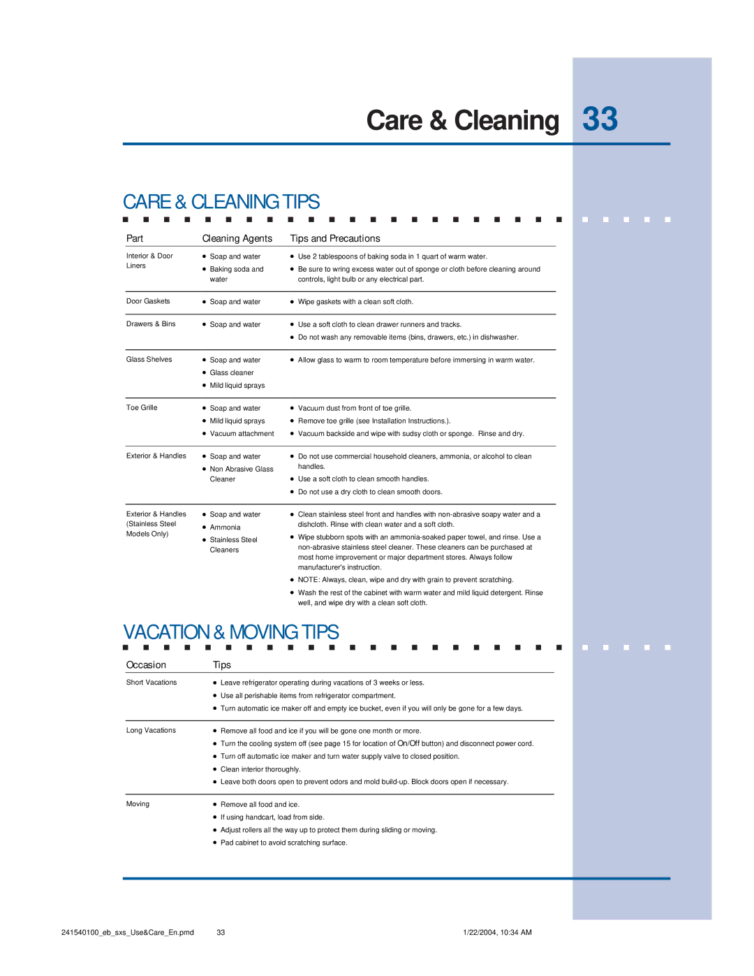 Frigidaire 241540100 (1203) manual Care & Cleaning Tips, Vacation & Moving Tips 