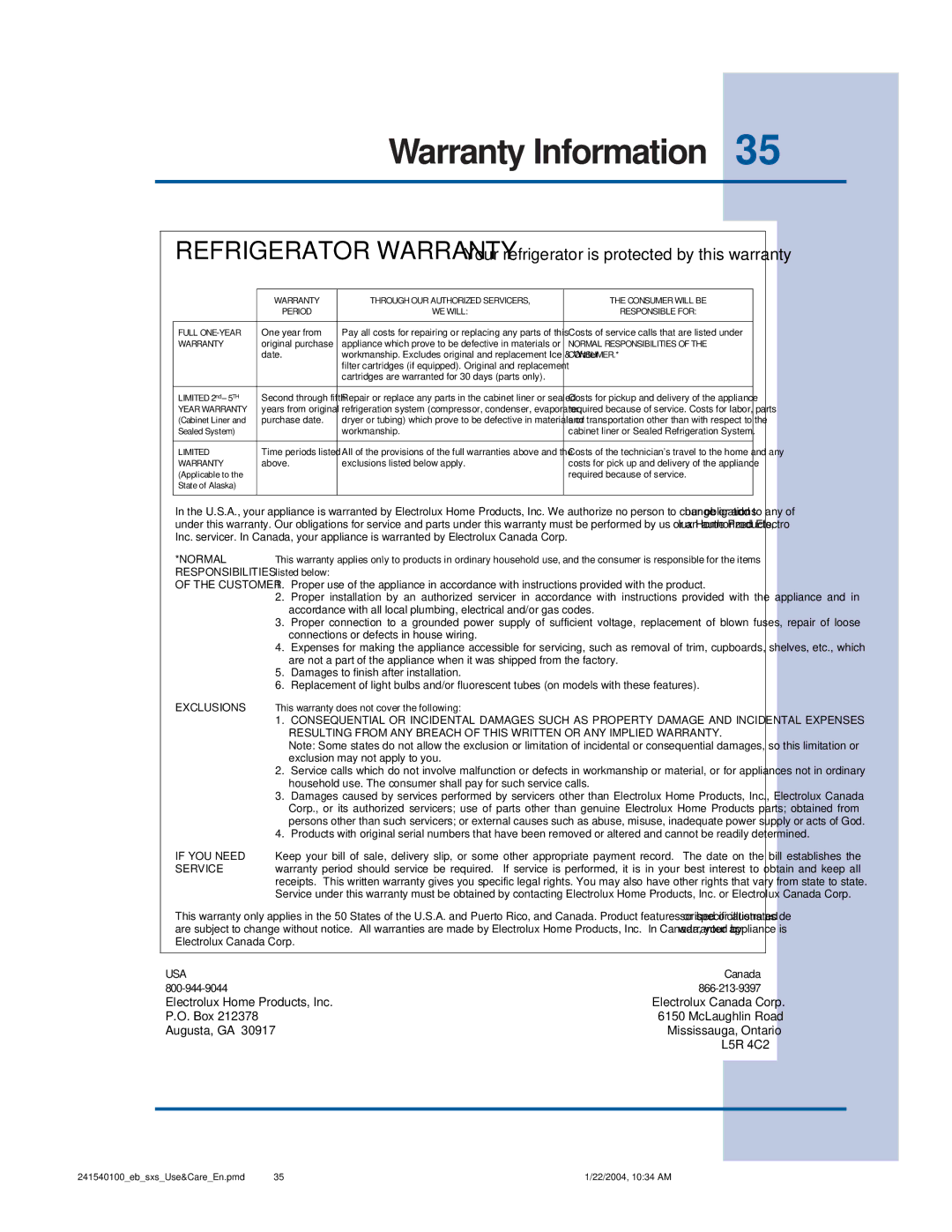 Frigidaire 241540100 (1203) manual Warranty Information, Consumer 