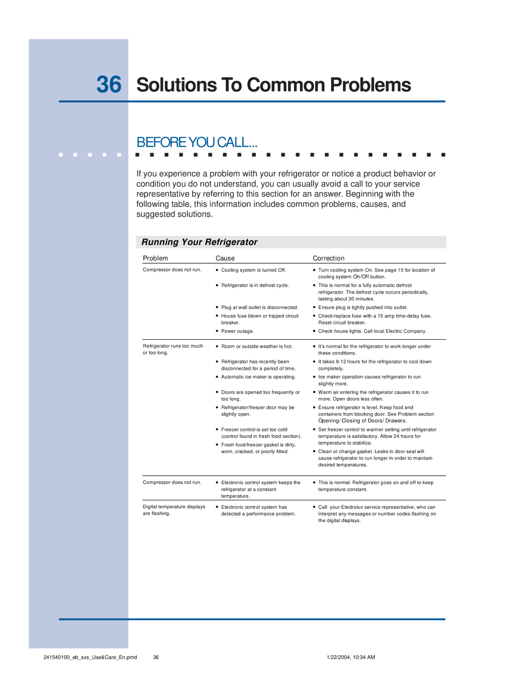 Frigidaire 241540100 (1203) manual Solutions To Common Problems, Before YOU Call 