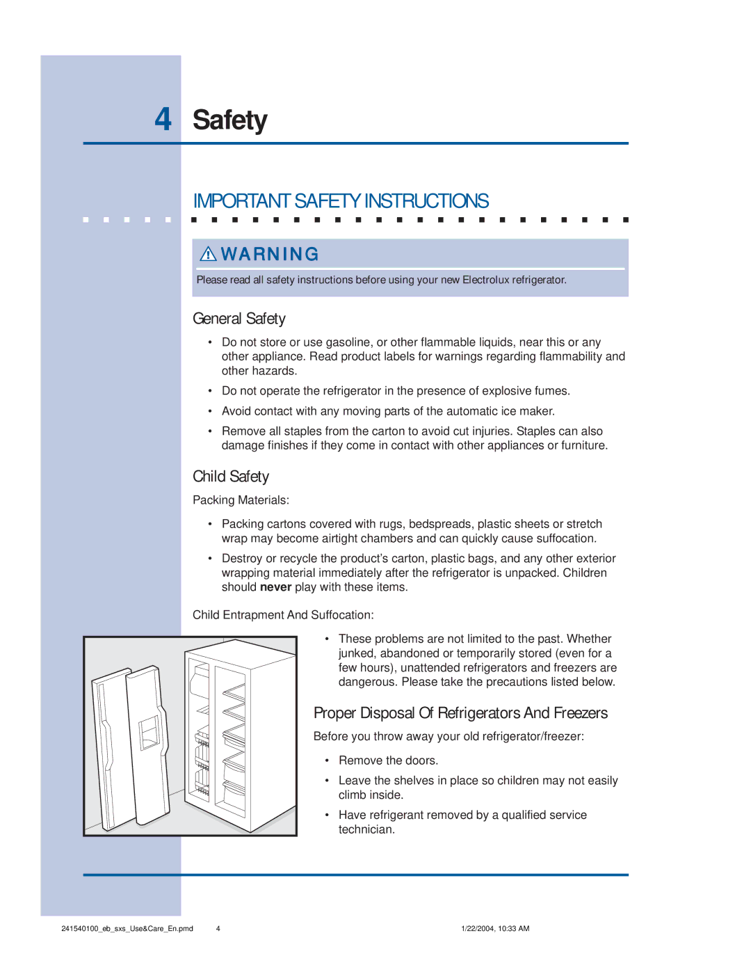 Frigidaire 241540100 (1203) manual Important Safety Instructions, General Safety, Child Safety 