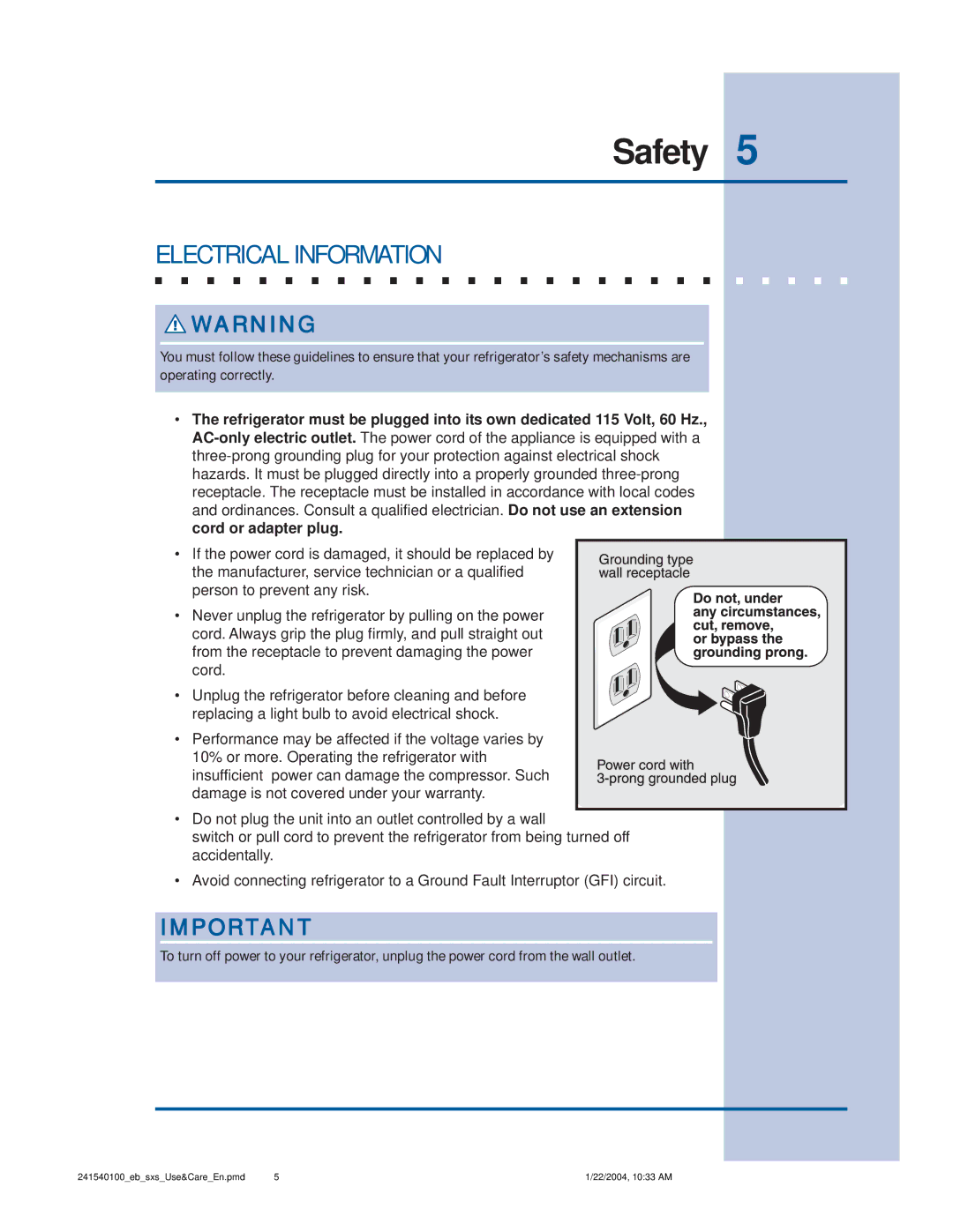 Frigidaire 241540100 (1203) manual Electrical Information 