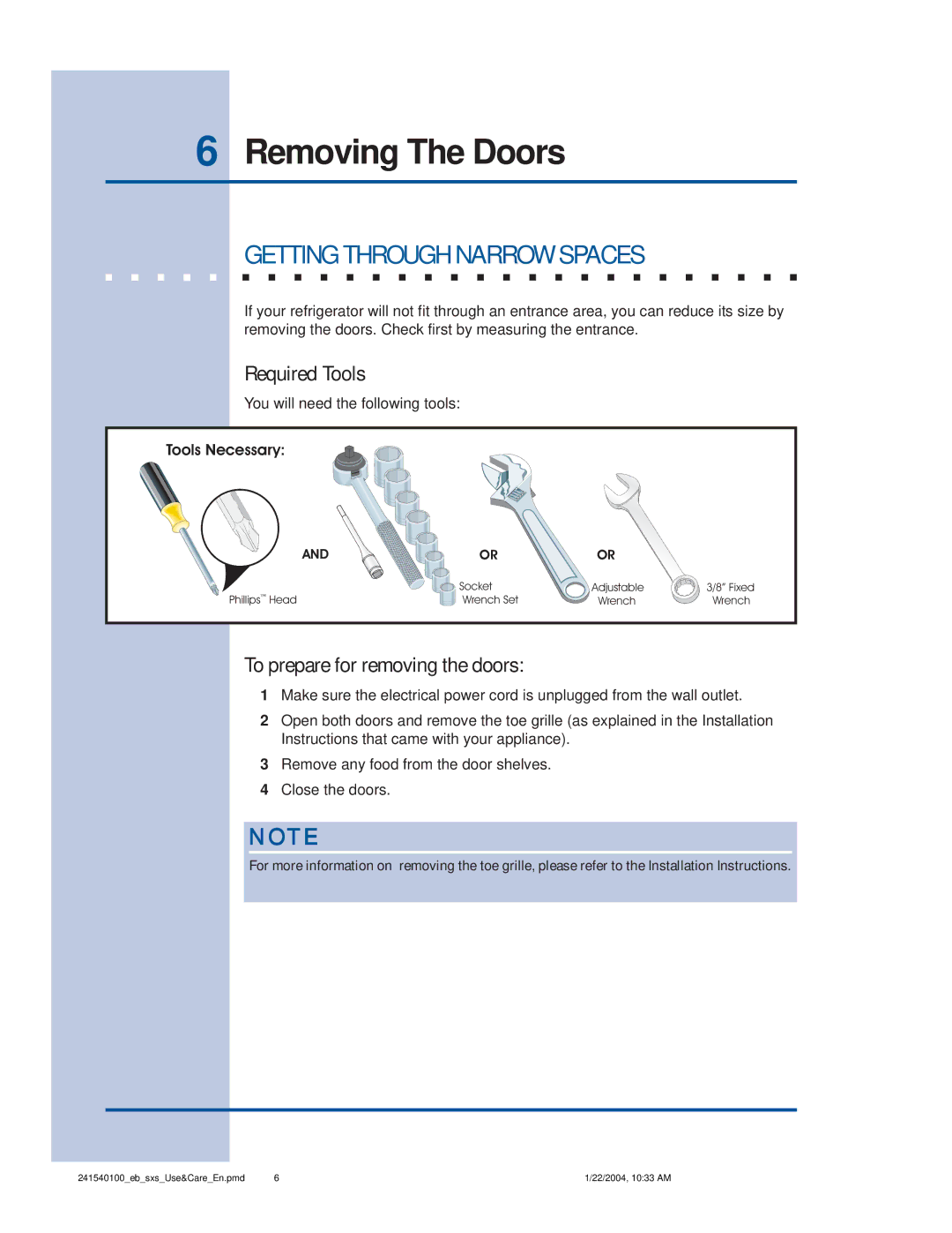 Frigidaire 241540100 (1203) manual Removing The Doors, Getting Through Narrow Spaces, Required Tools 