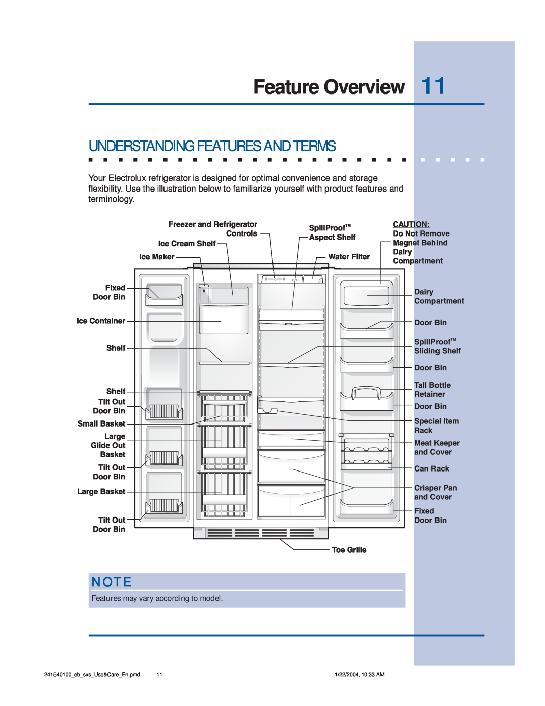 Frigidaire 241540100 (1203) manual Feature Overview, Understanding Features And Terms, Features may vary according to model 