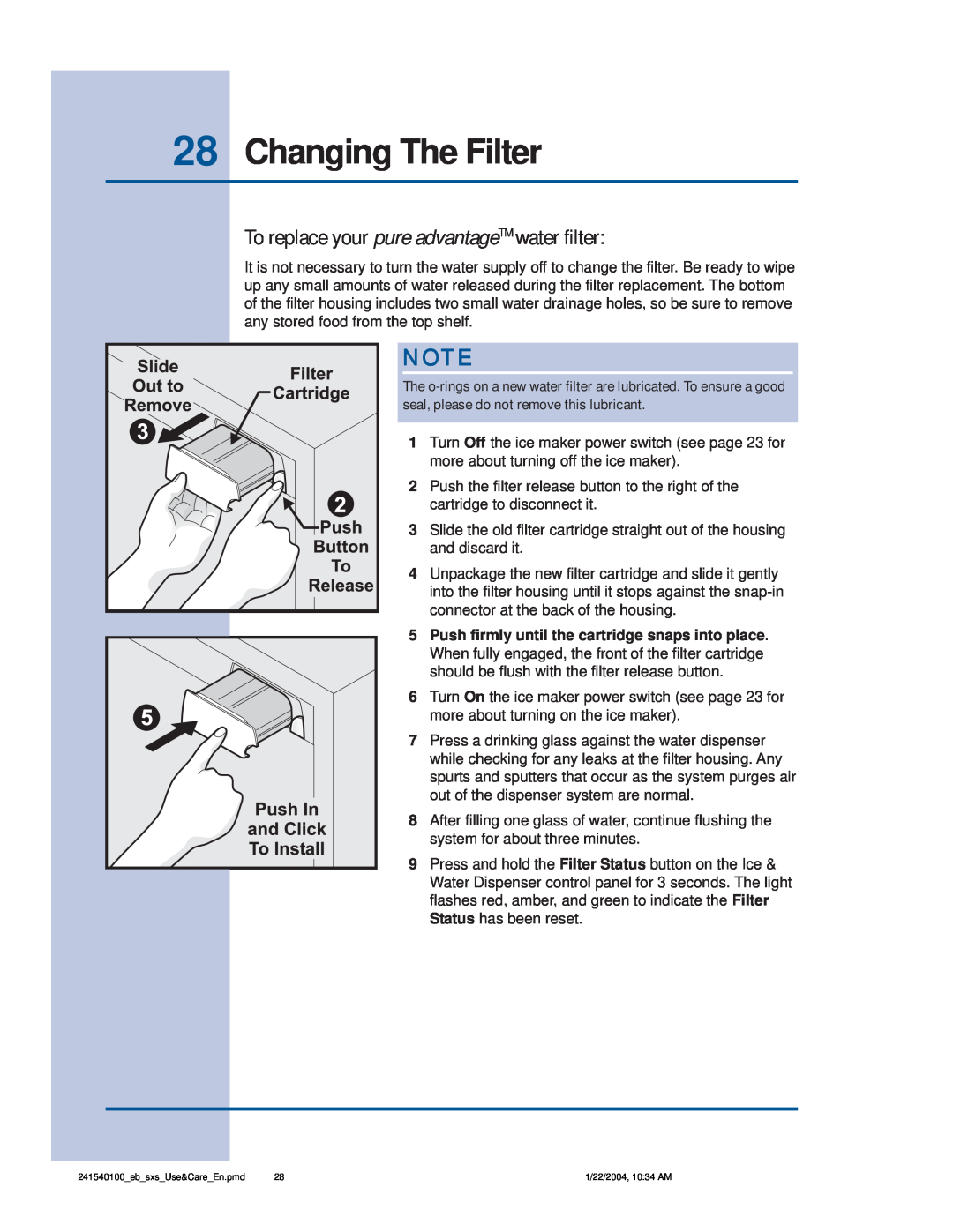 Frigidaire 241540100 (1203) manual 28Changing The Filter, To replace your pure advantageTM water filter 
