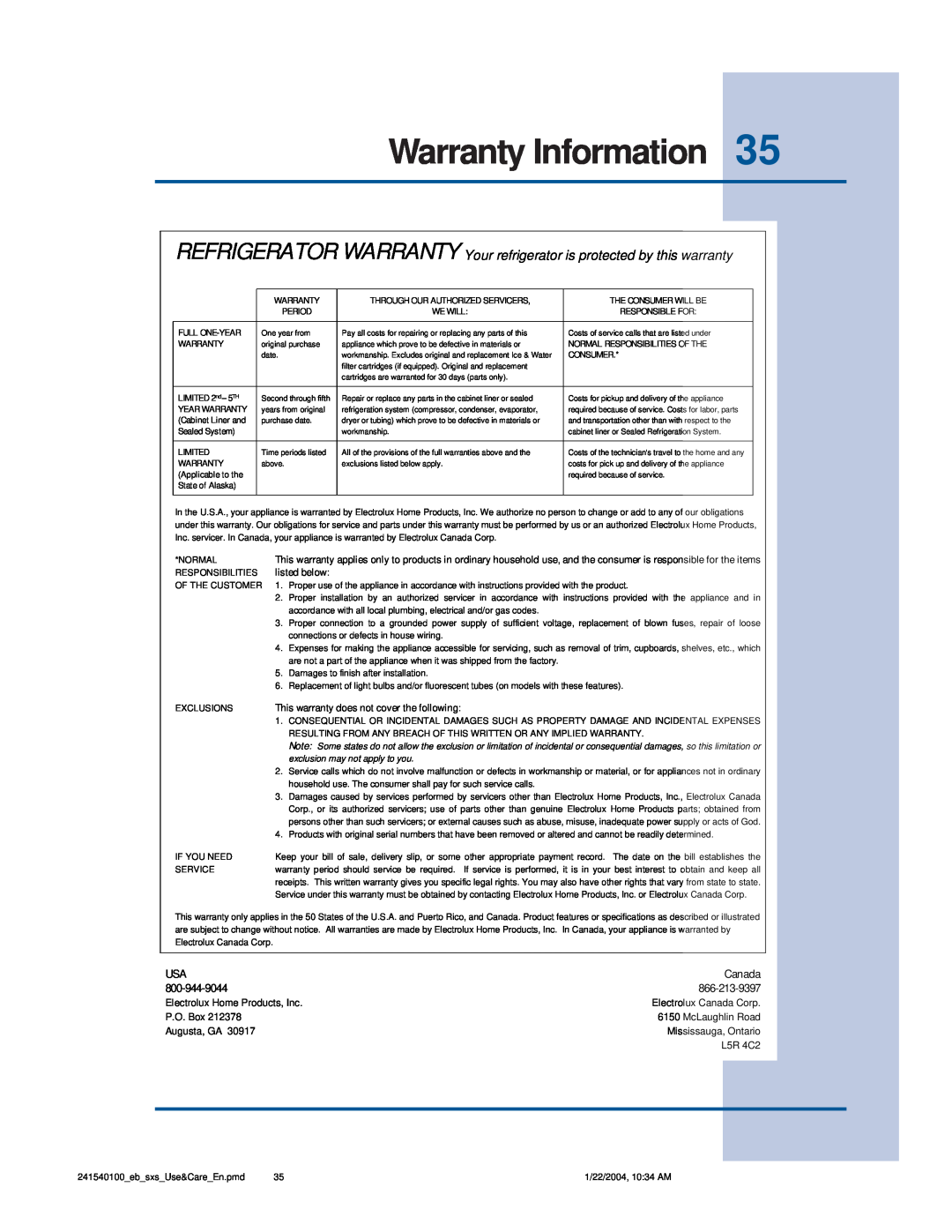 Frigidaire 241540100 (1203) Warranty Information, Electrolux Home Products, Inc, Electrolux Canada Corp, P.O. Box 
