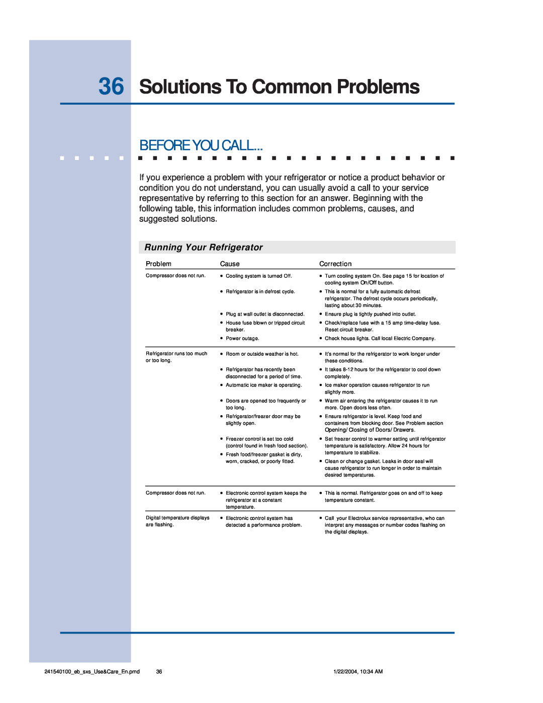 Frigidaire 241540100 (1203) 36Solutions To Common Problems, Before You Call, Running Your Refrigerator, Cause, Correction 