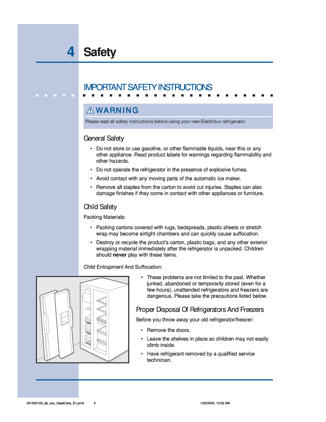 Frigidaire 241540100 (1203) manual 4Safety, Important Safety Instructions, General Safety, Child Safety 