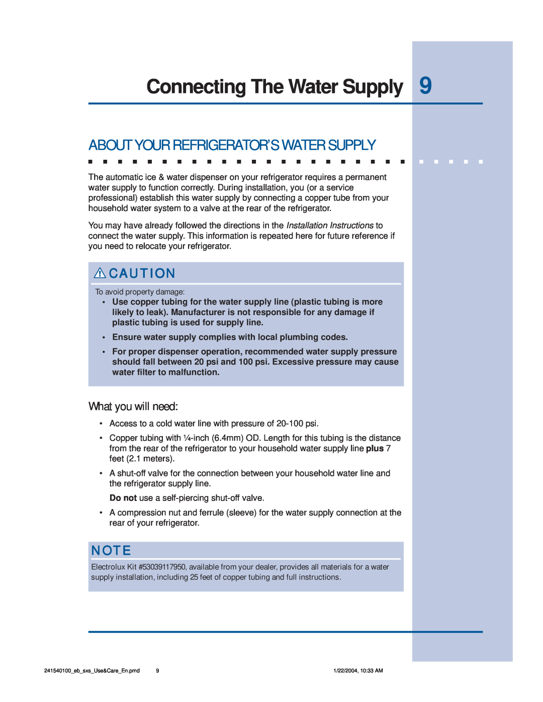 Frigidaire 241540100 (1203) manual Connecting The Water Supply, About Your Refrigerator’S Water Supply, What you will need 