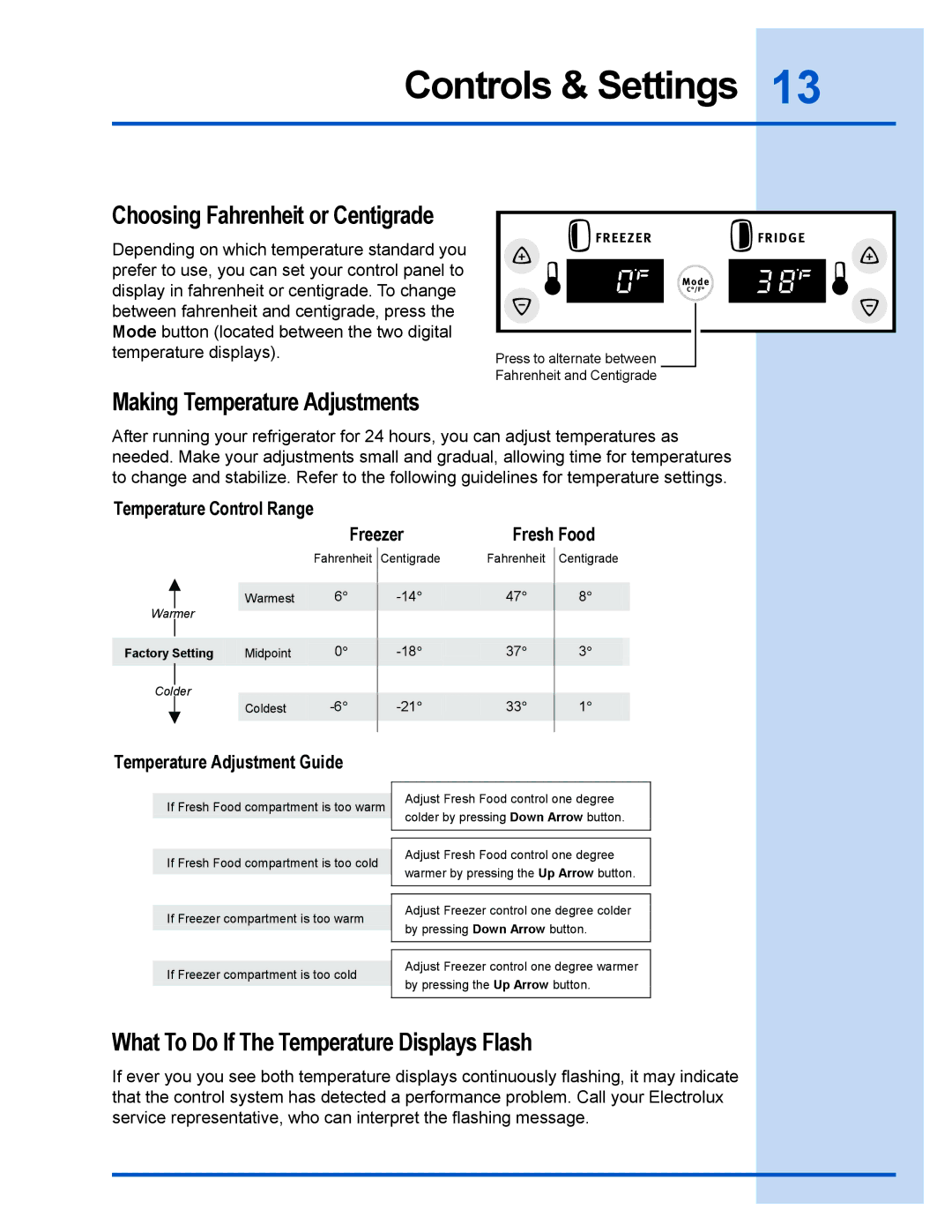 Frigidaire 241540101 manual Choosing Fahrenheit or Centigrade, Making Temperature Adjustments 