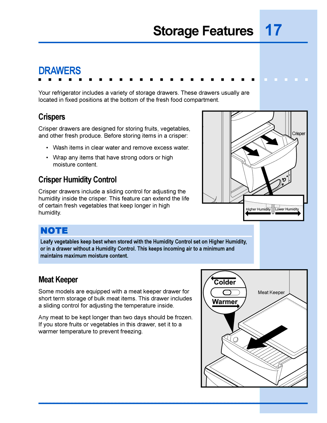 Frigidaire 241540101 manual Drawers, Crispers, Crisper Humidity Control, Meat Keeper 