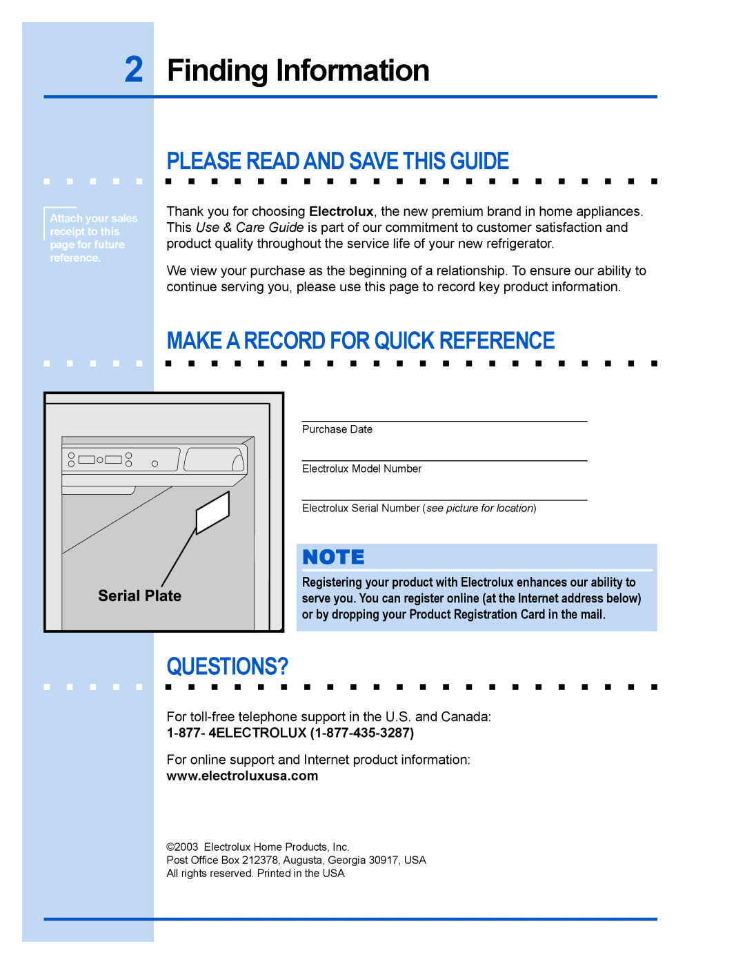 Frigidaire 241540101 manual Finding Information, Please Read and Save this Guide, Make a Record for Quick Reference 