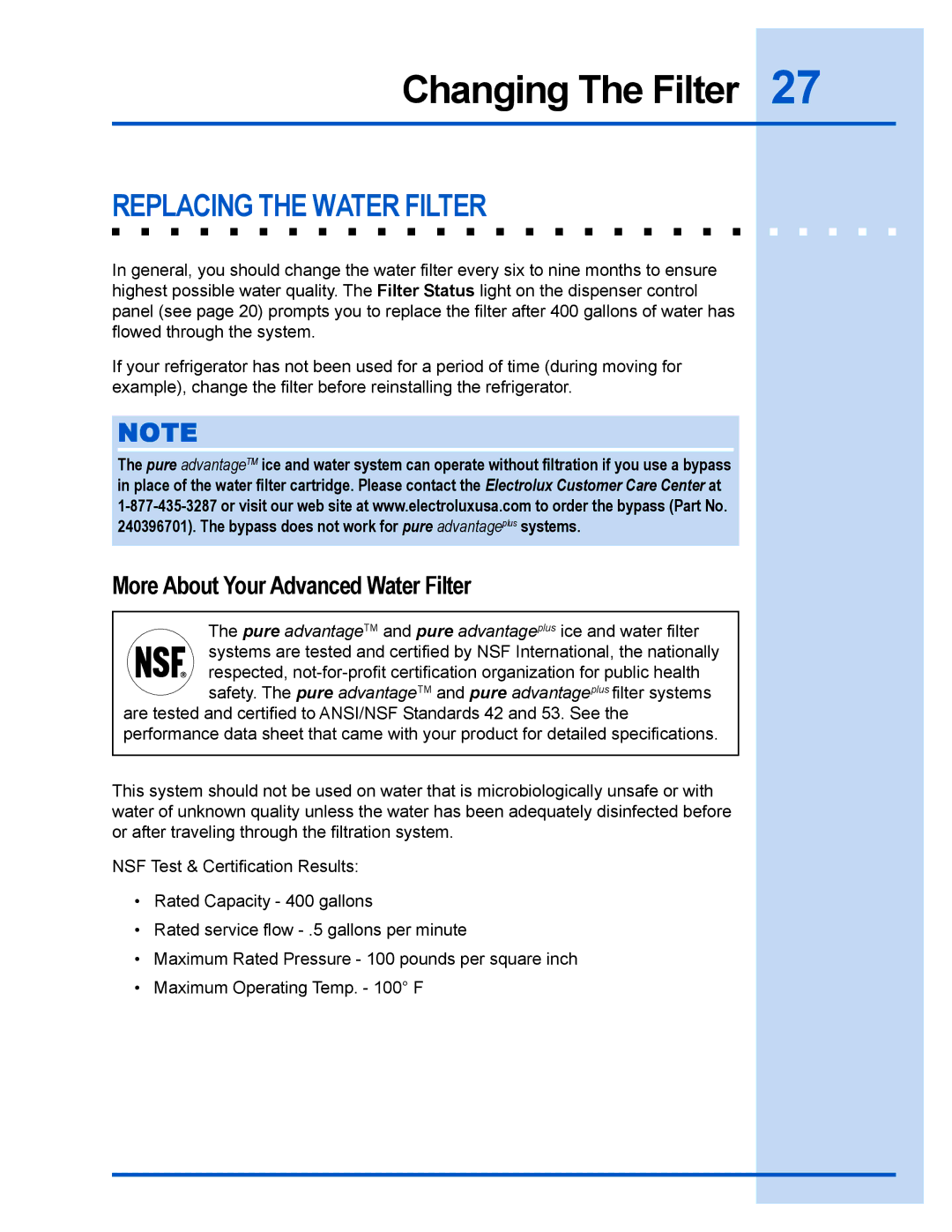 Frigidaire 241540101 manual Replacing the Water Filter, More About Your Advanced Water Filter 