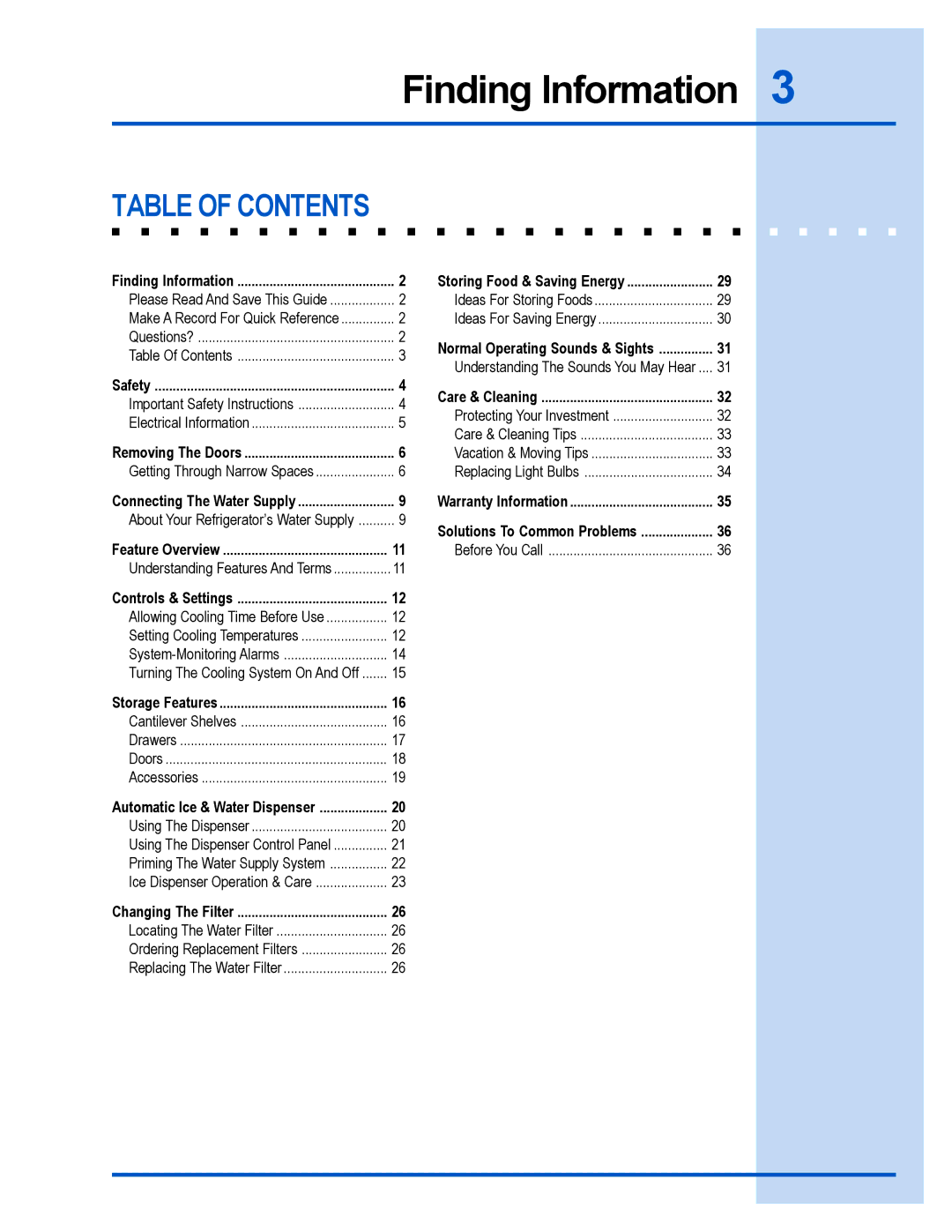 Frigidaire 241540101 manual Table of Contents 