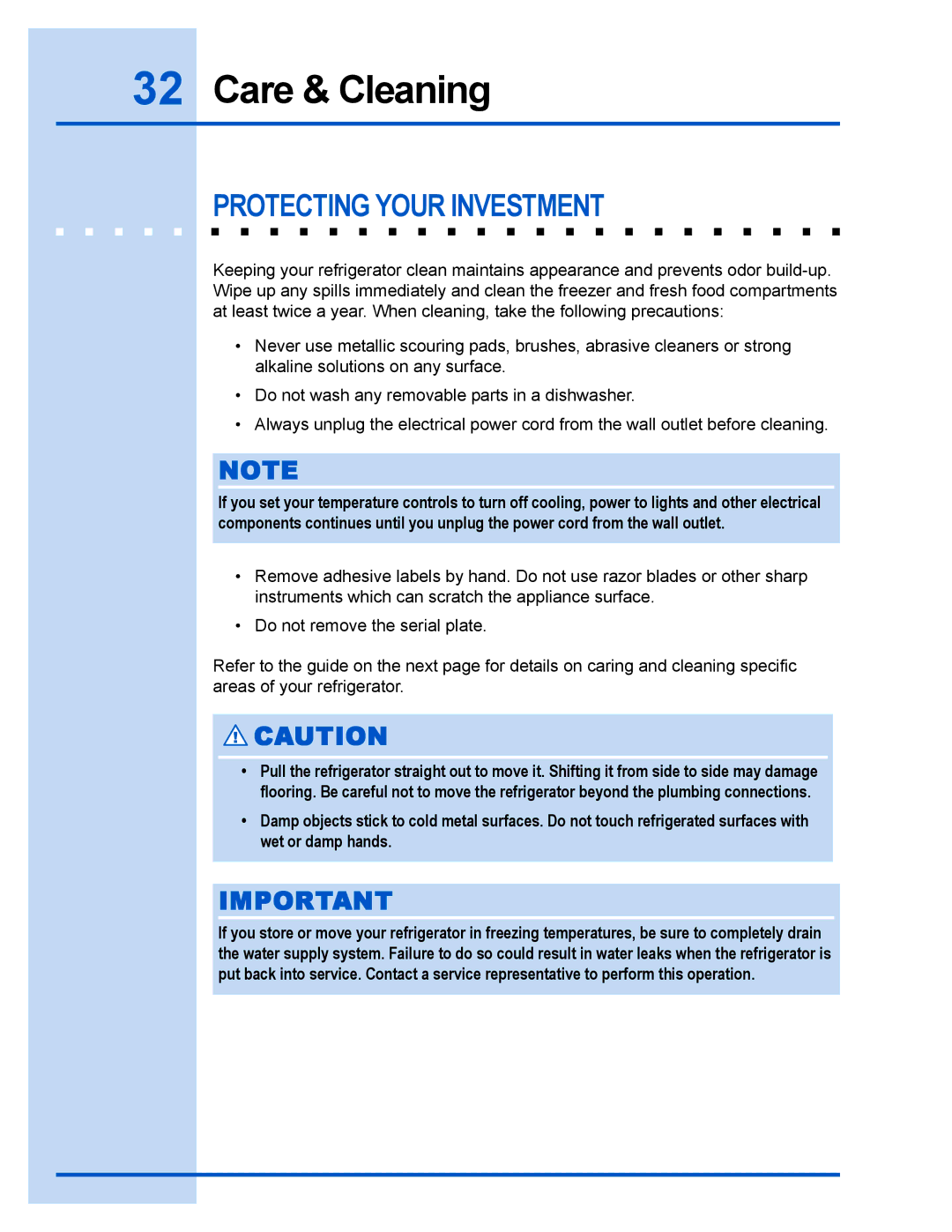 Frigidaire 241540101 manual Care & Cleaning, Protecting Your Investment 