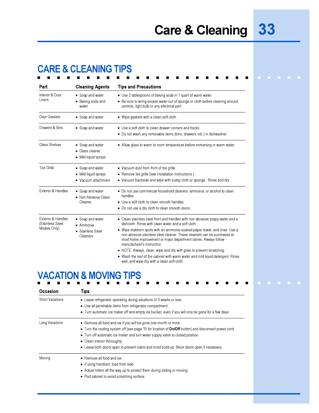 Frigidaire 241540101 manual Care & Cleaning Tips, Vacation & Moving Tips 