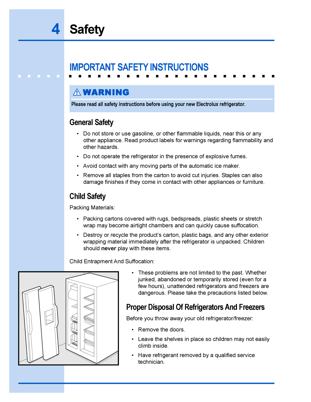 Frigidaire 241540101 manual Important Safety Instructions, General Safety, Child Safety 