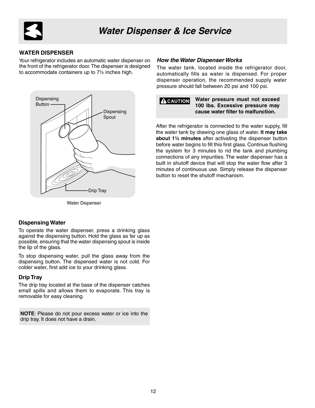 Frigidaire 241567600 Water Dispenser & Ice Service, Water pressure must not exceed, 100 lbs. Excessive pressure may 