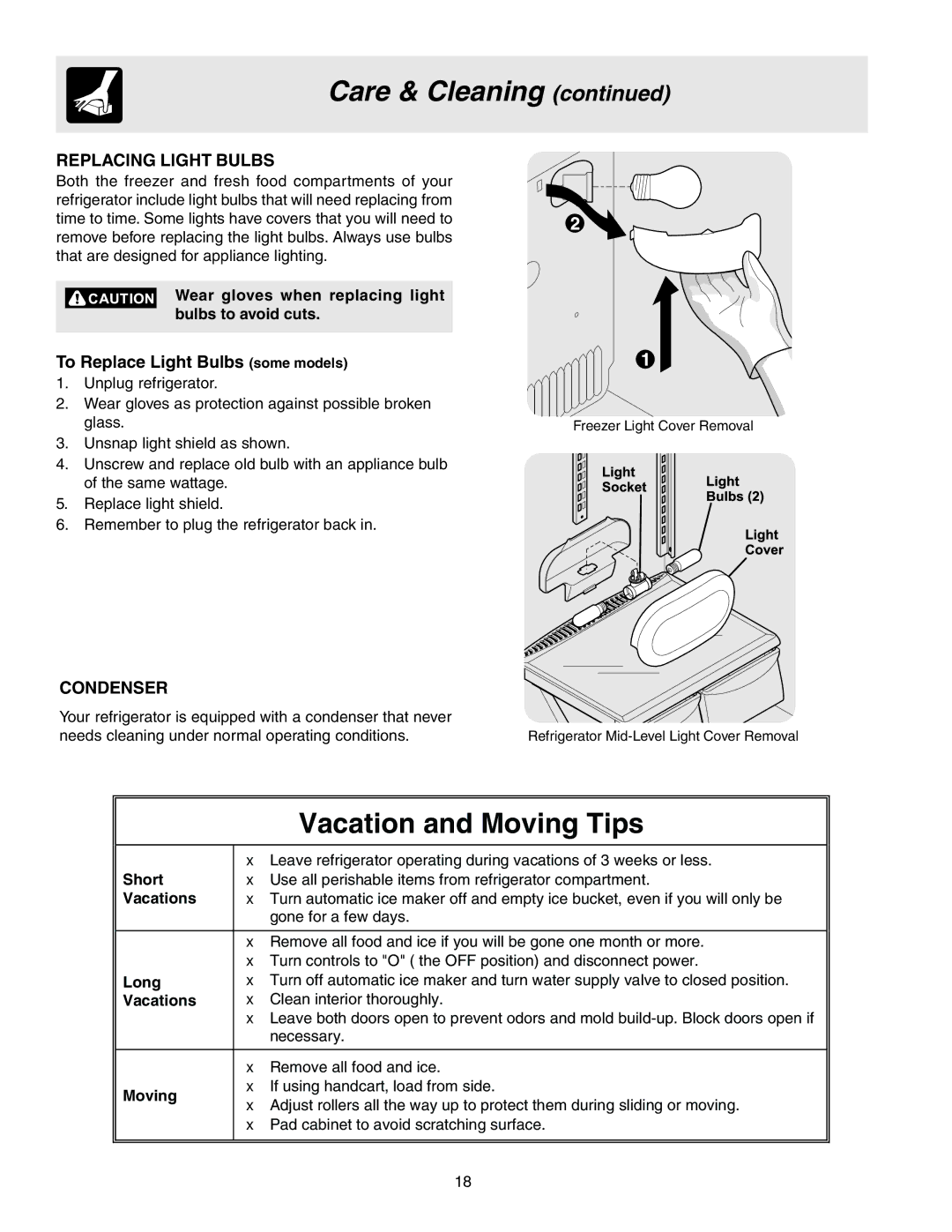 Frigidaire 241567600 warranty Replacing Light Bulbs, Condenser, Wear gloves when replacing light bulbs to avoid cuts 