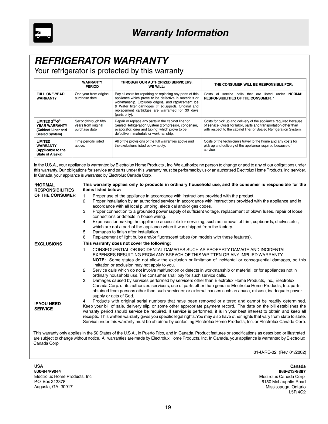 Frigidaire 241567600 warranty Warranty Information, Refrigerator Warranty 