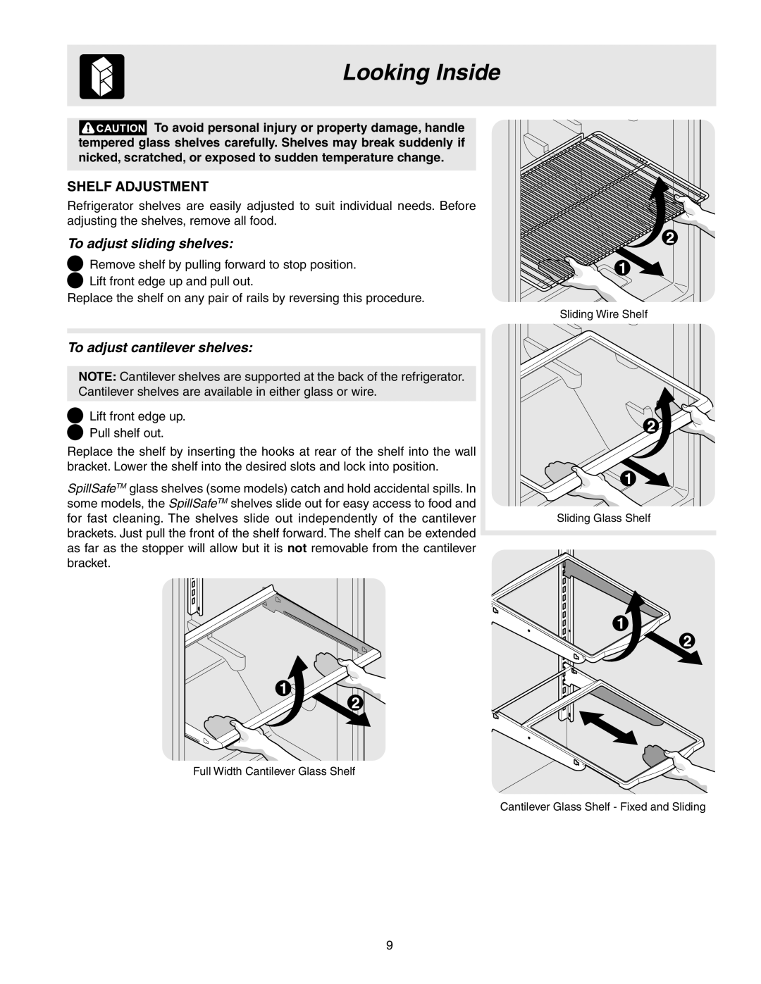 Frigidaire 241567600 warranty Looking Inside, Shelf Adjustment 