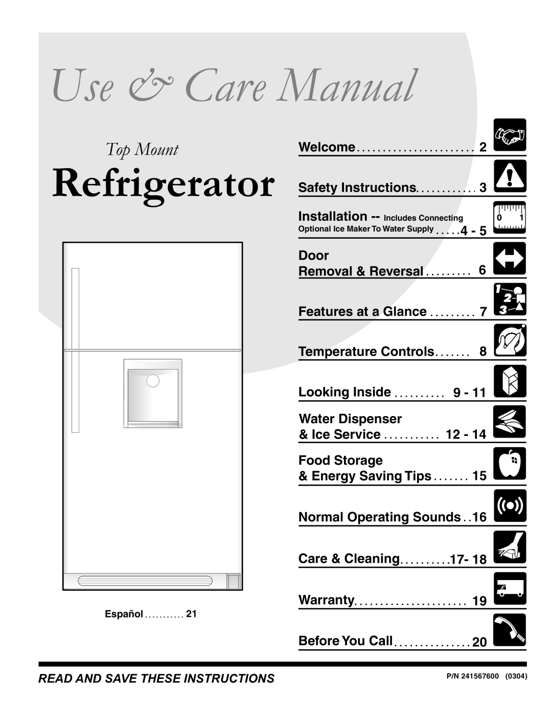 Frigidaire 241567600 warranty Use & Care Manual, Refrigerator, Top Mount 