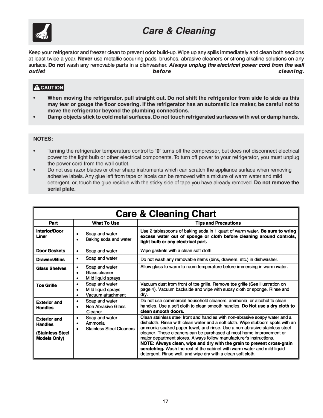 Frigidaire 241567600 warranty Care & Cleaning Chart 