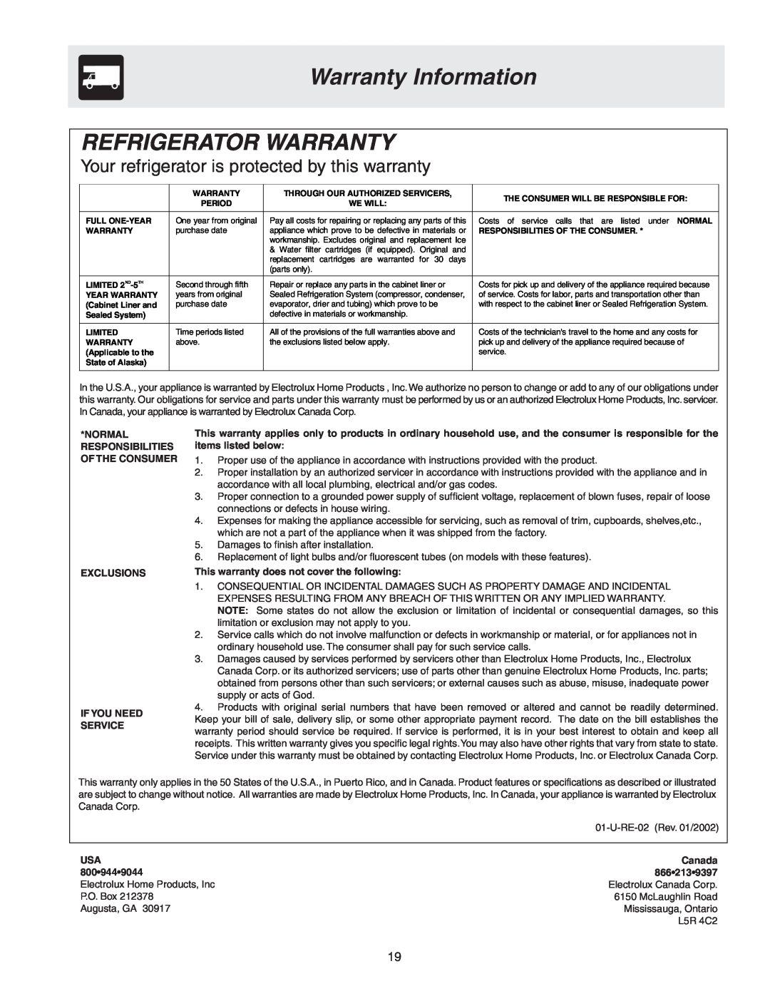 Frigidaire 241567600 warranty Warranty Information, Refrigerator Warranty, Normal Responsibilities Of The Consumer, Canada 