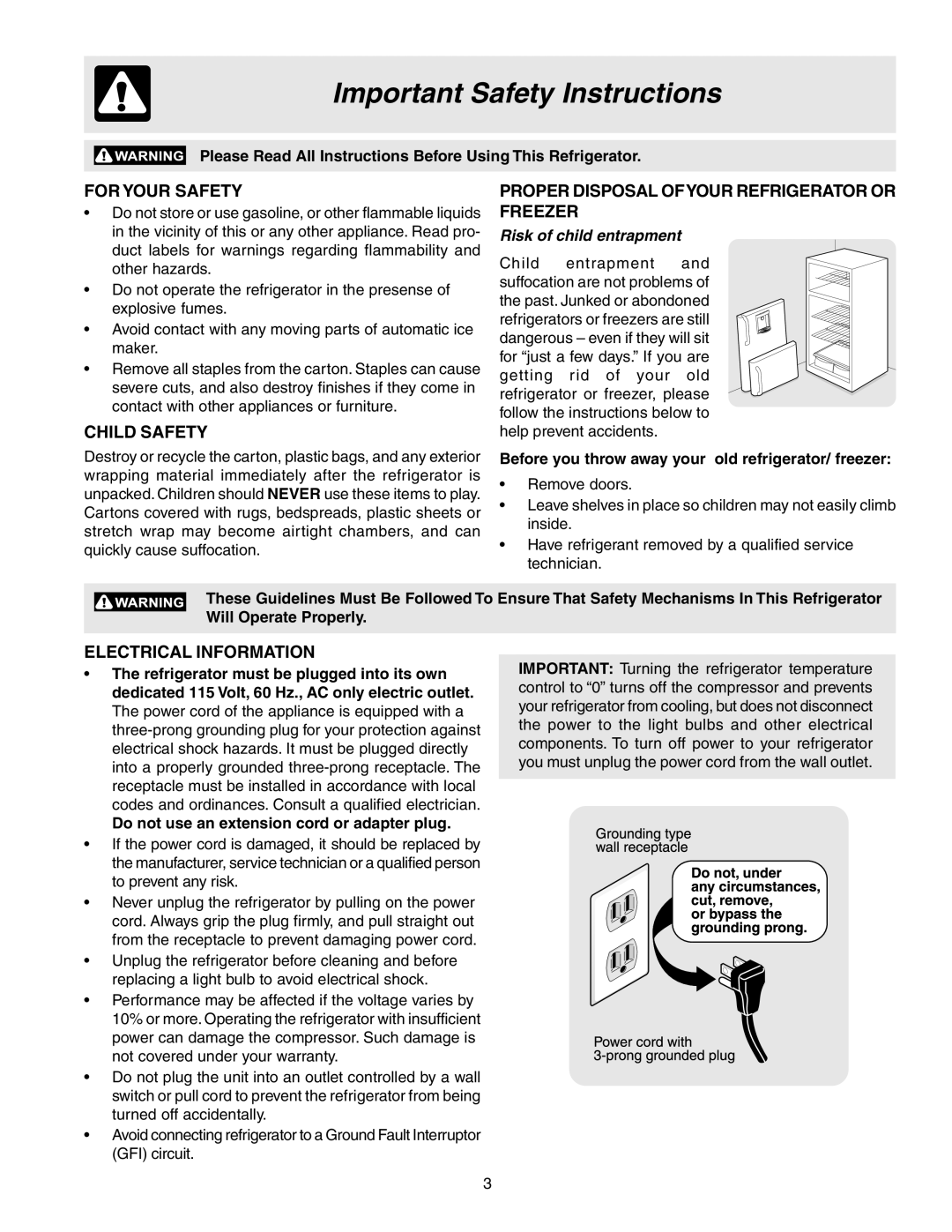 Frigidaire 241567600 warranty Important Safety Instructions, For Your Safety, Child Safety, Electrical Information 