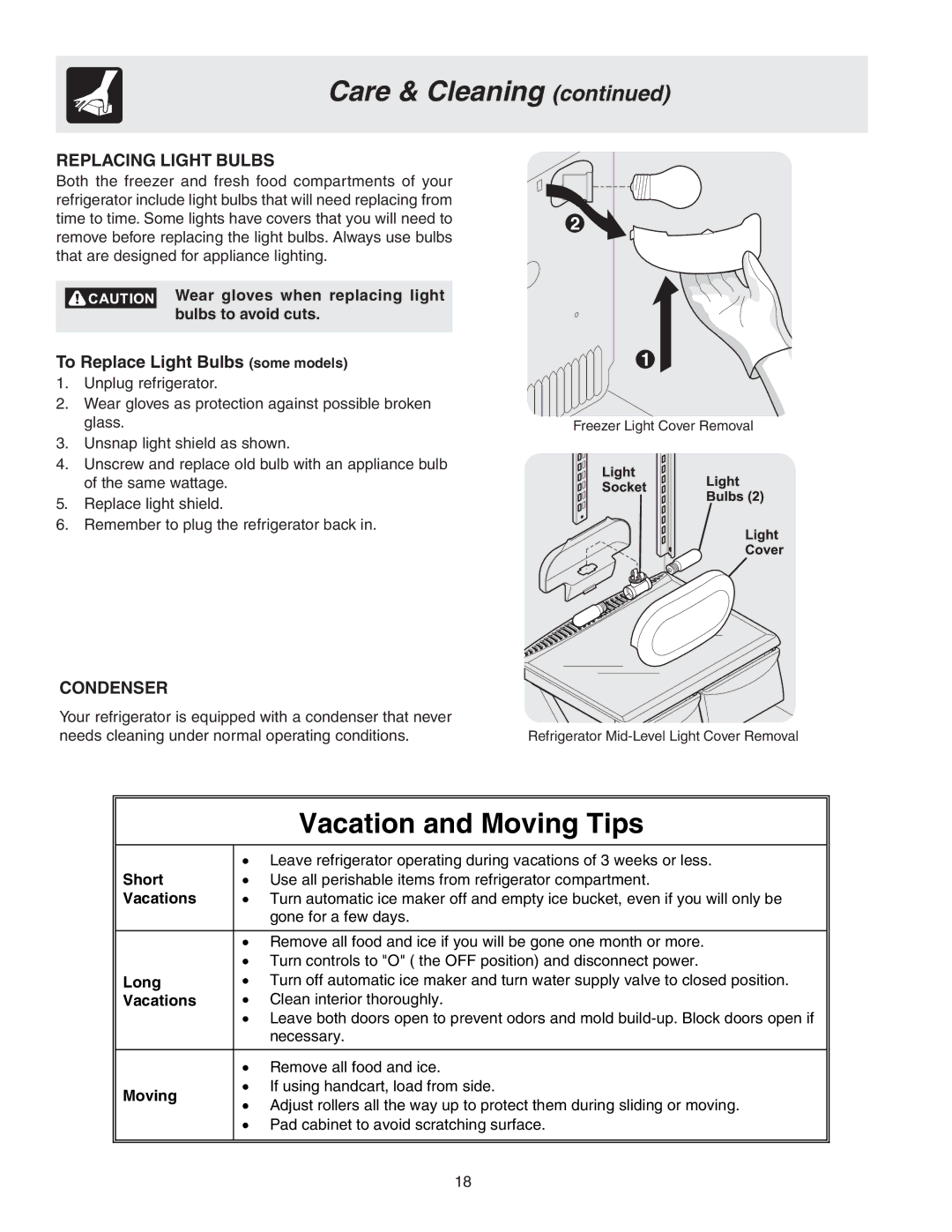 Frigidaire 241567601 manual Replacing Light Bulbs, Condenser 