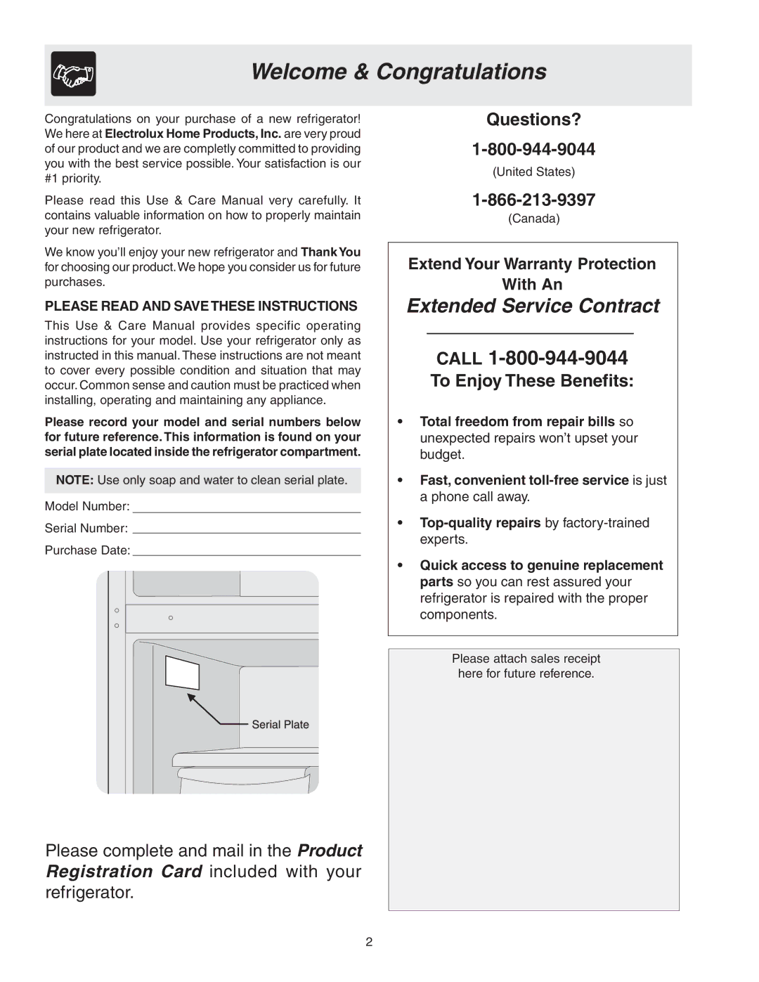 Frigidaire 241567601 manual Welcome & Congratulations, Please Read and Save These Instructions 