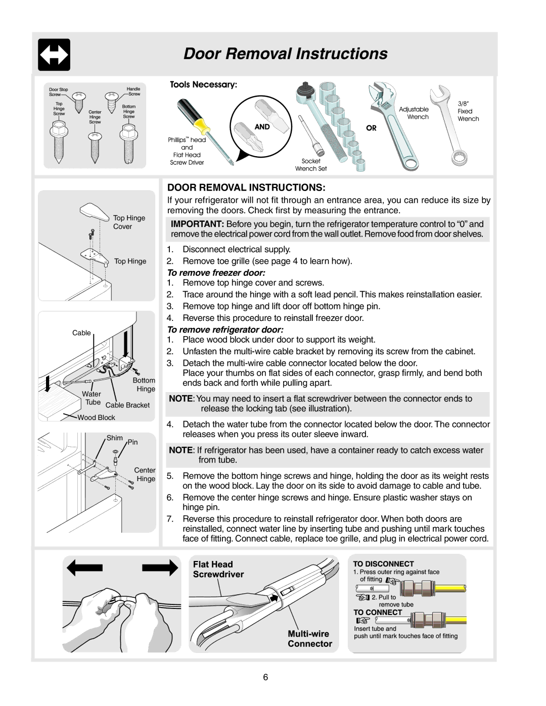 Frigidaire 241567601 manual Door Removal Instructions, To remove freezer door, To remove refrigerator door 