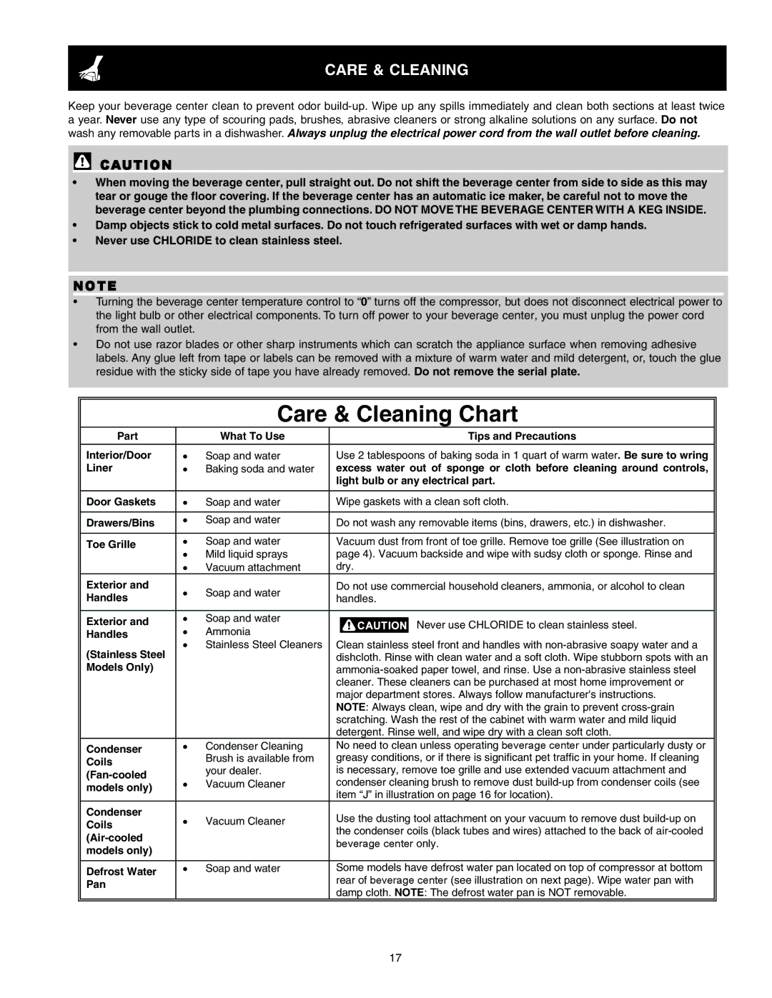 Frigidaire 241666500 manual Care & Cleaning Chart 