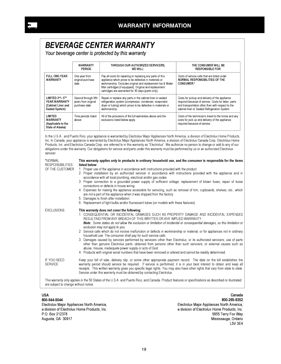 Frigidaire 241666500 manual Beverage Center Warranty, Warranty Information 