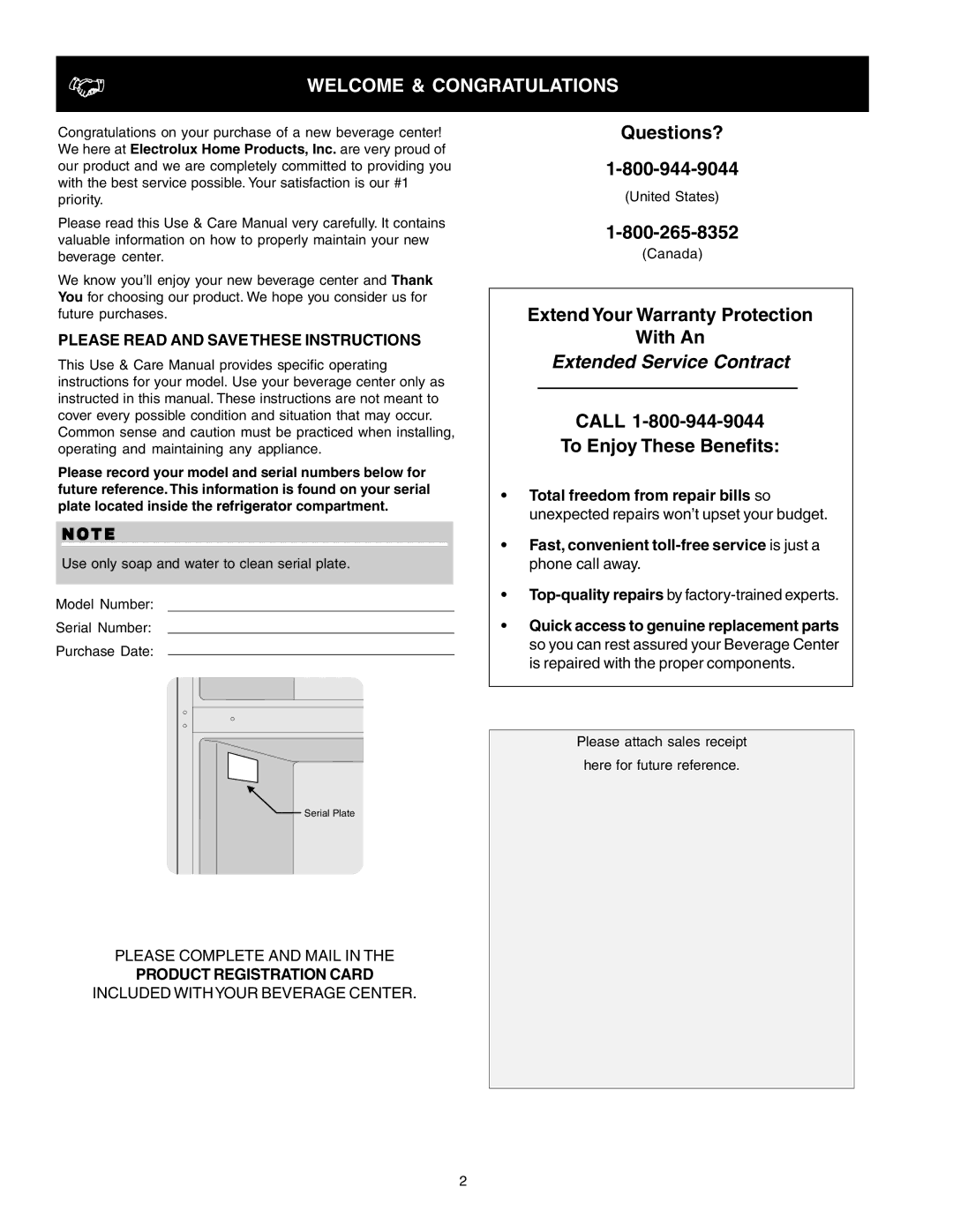 Frigidaire 241666500 manual Welcome & Congratulations, Please Read and Save These Instructions, Product Registration Card 