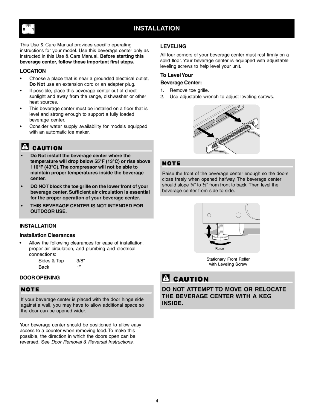 Frigidaire 241666500 manual Installation, Location, Door Opening, Leveling 