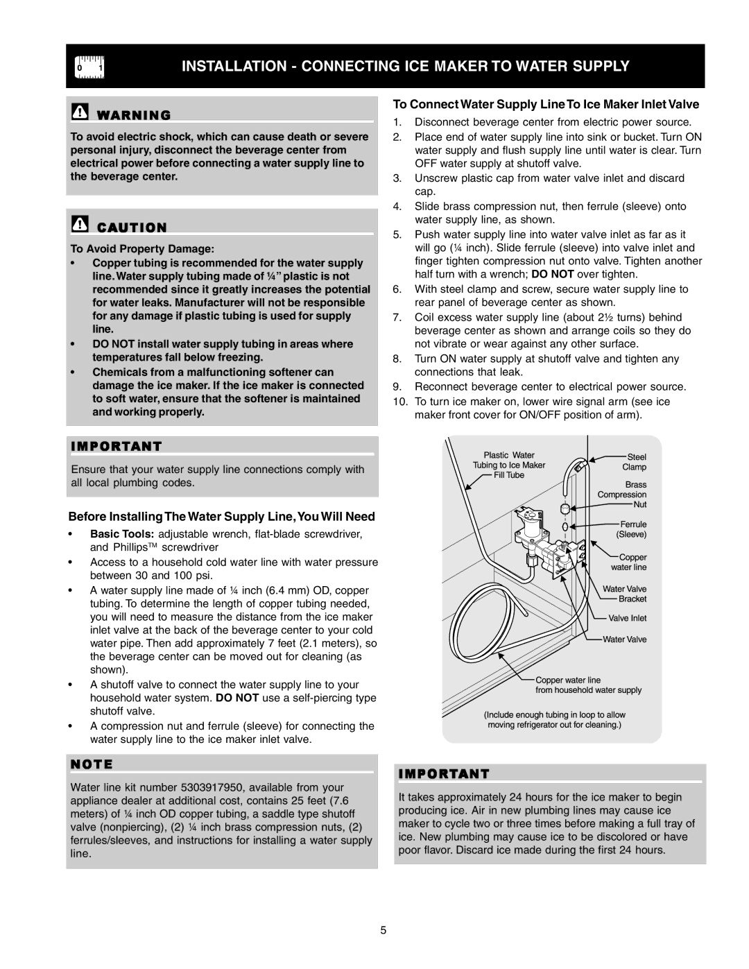 Frigidaire 241666500 manual Installation Connecting ICE Maker to Water Supply 