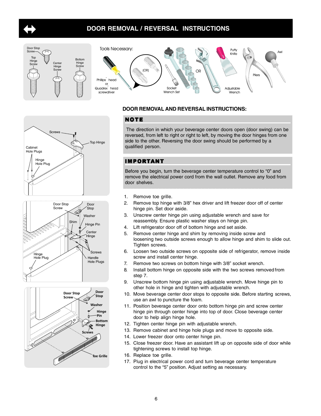 Frigidaire 241666500 manual Door Removal / Reversal Instructions, Door Removal and Reversal Instructions 