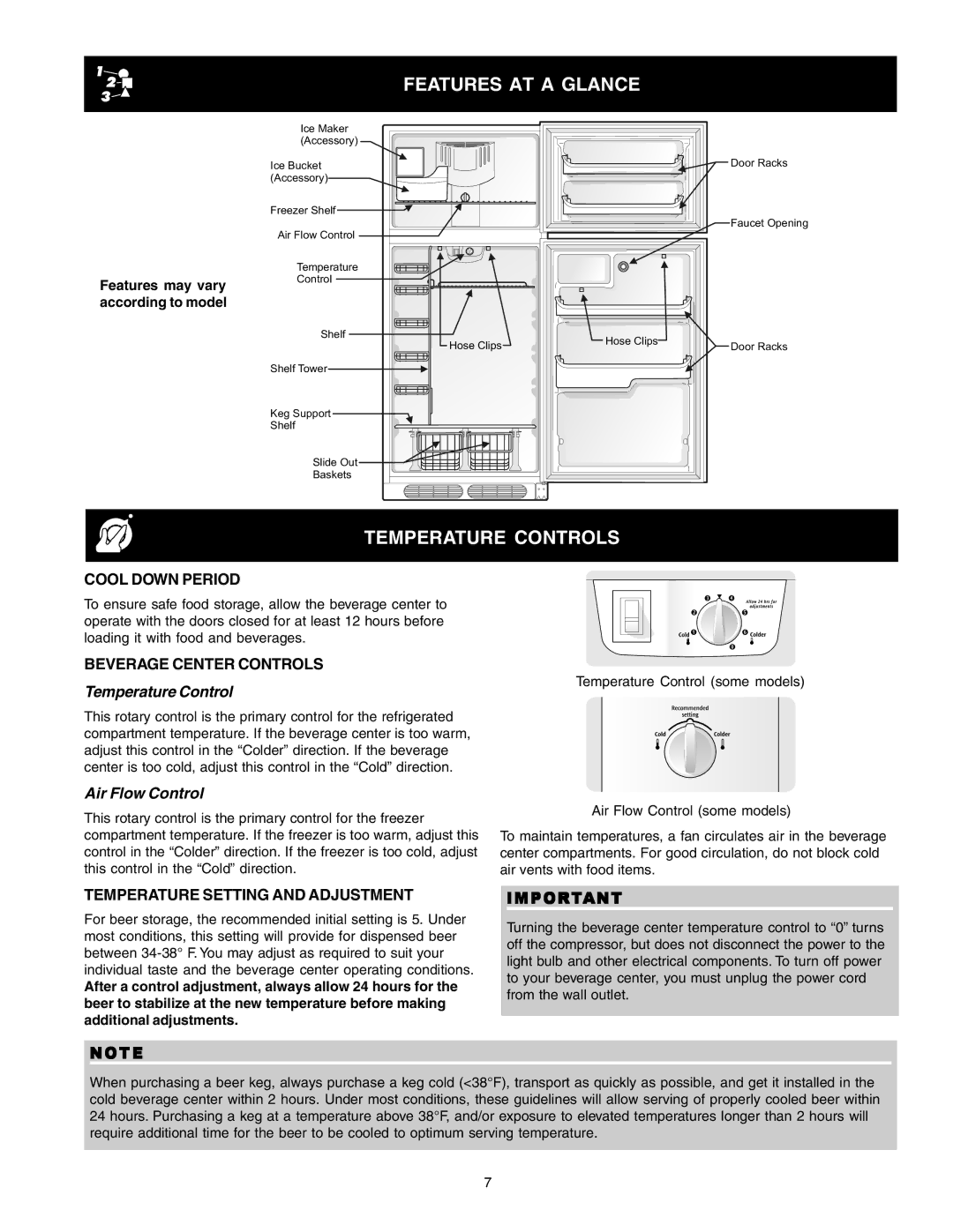 Frigidaire 241666500 manual Features AT a Glance, Temperature Controls, Cool Down Period, Beverage Center Controls 