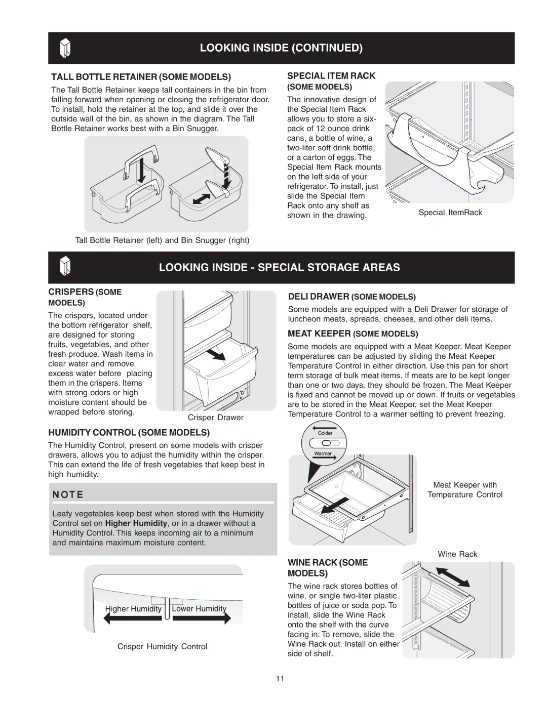 Frigidaire 241721000 manual Looking Inside Special Storage Areas, Tall Bottle Retainer Some Models, Crispers Some 