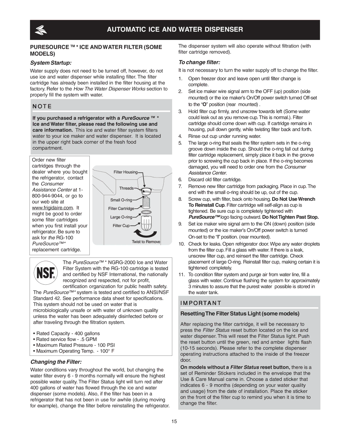 Frigidaire 241721000 manual Puresource TM * ICE and Water Filter Some Models, System Startup 