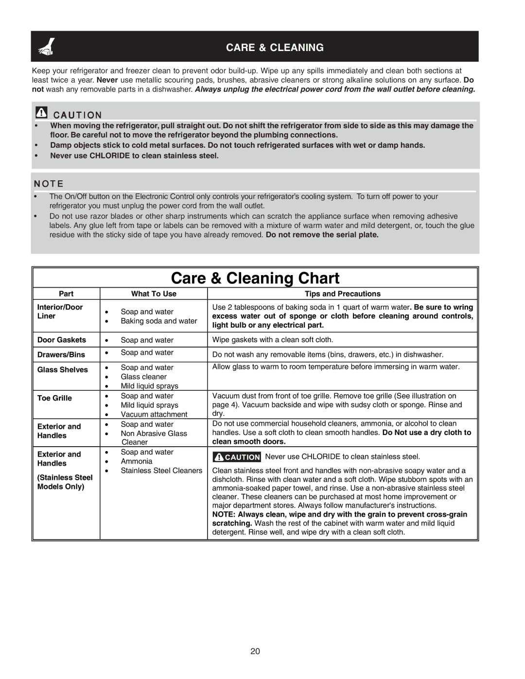 Frigidaire 241721000 manual Care & Cleaning 