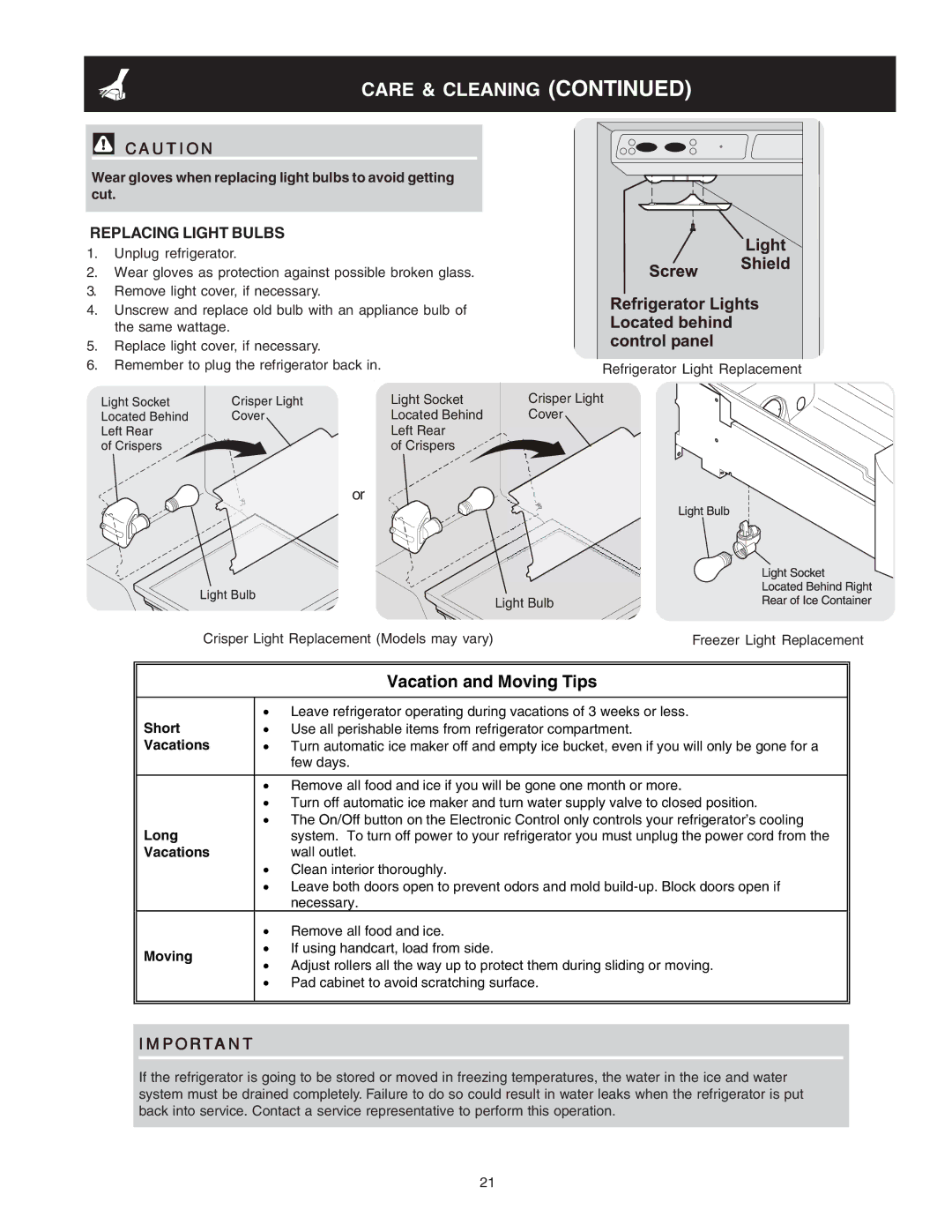 Frigidaire 241721000 manual Replacing Light Bulbs, Short, Vacations, Long, Moving 