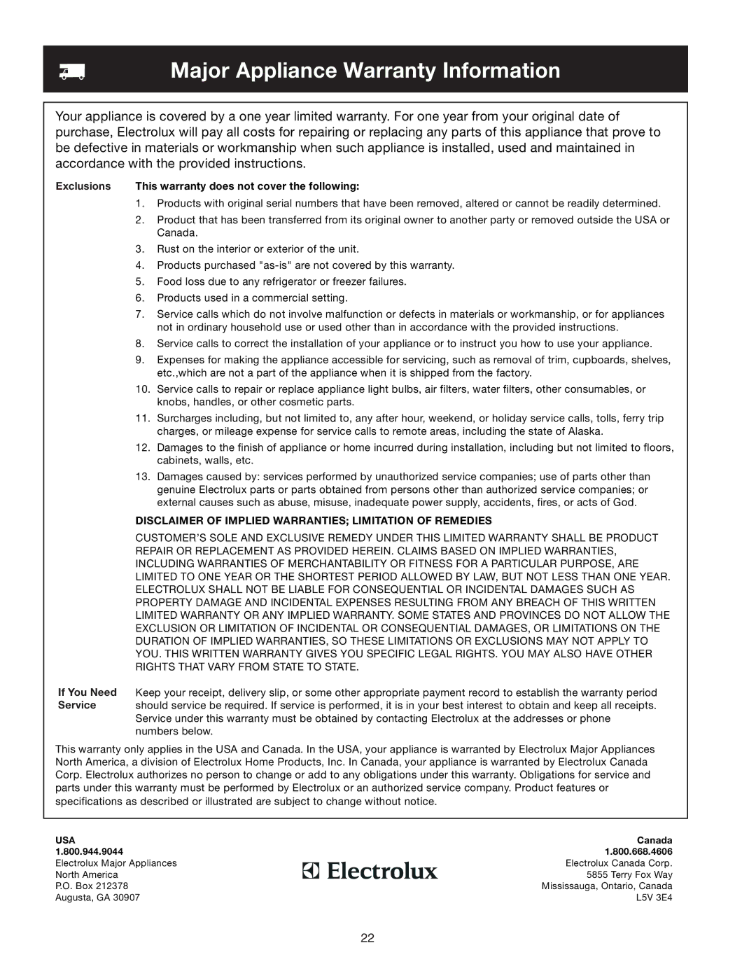 Frigidaire 241721000 manual Major Appliance Warranty Information 