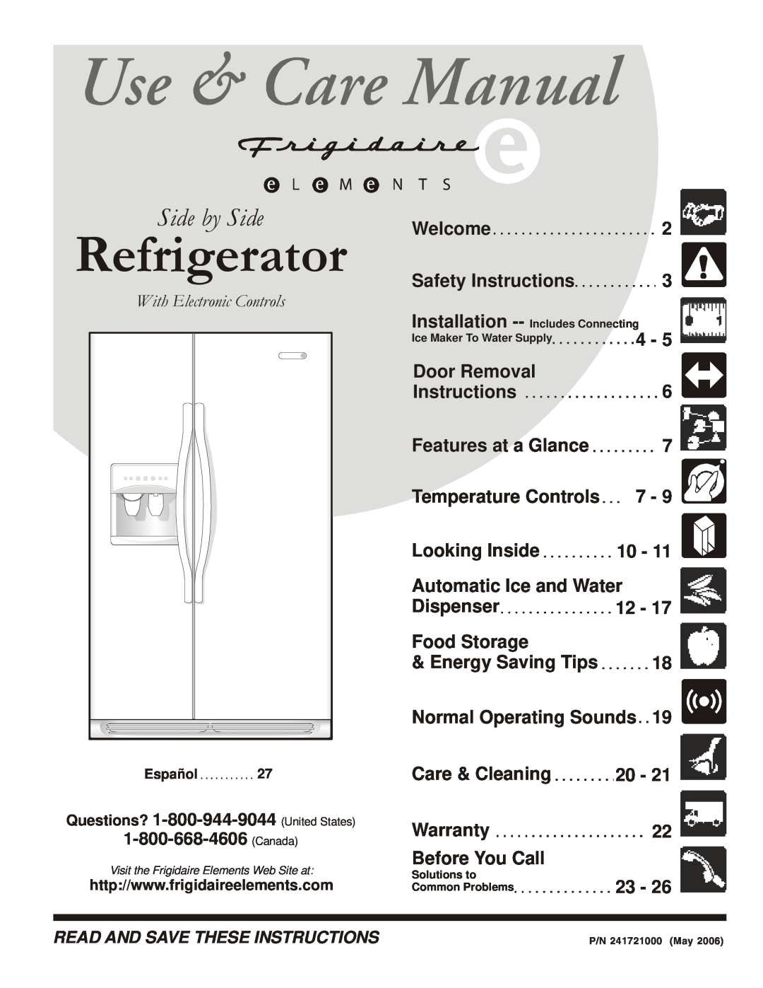 Frigidaire 241721000 manual Refrigerator, Side by Side 