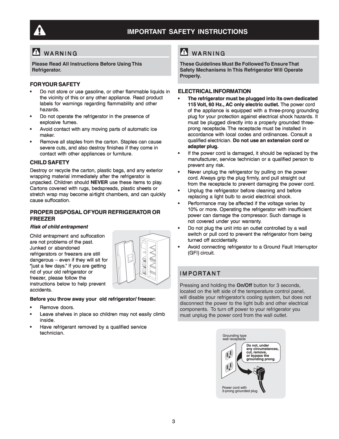 Frigidaire 241721000 manual Important Safety Instructions, Foryour Safety, Child Safety, Electrical Information 